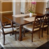 F20. Bassett Furniture trestle table with bench and 5 chairs. Water mark in center of table. Table: 29”h x 76”w x 46”d Chairs: 39” - $1250